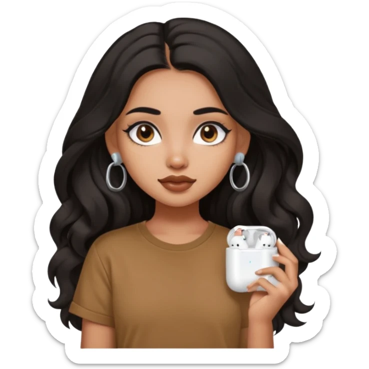 a pretty FAIR indian bratz girl with wavy long black hair, wearing an oversized brown tshirt,wearing airpods, eyeliner on sticker