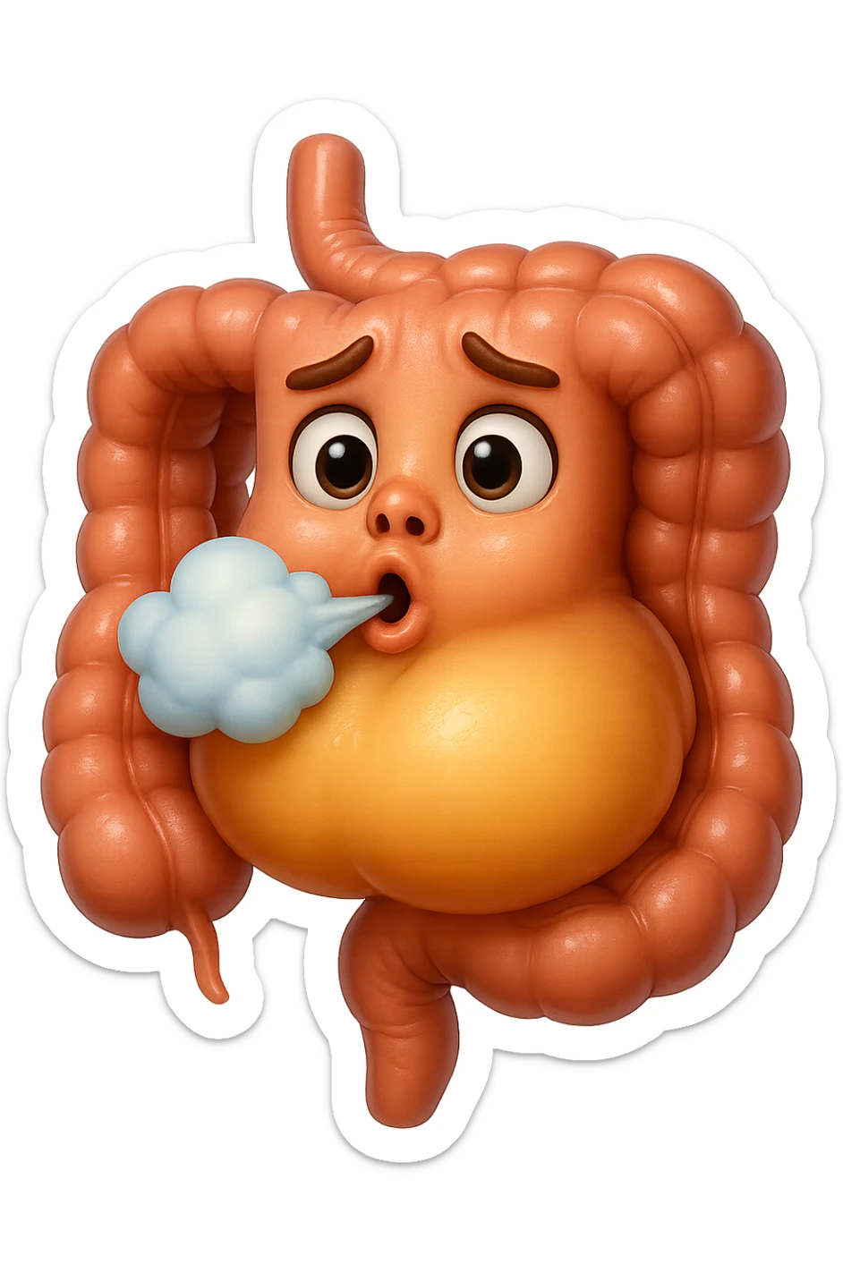 emoji stile iphone di un intestino che ingoia una nuvoletta di aria ben visibile e gli si gonfia la pancia, non fargli il naso, iperrealistico 4k sticker