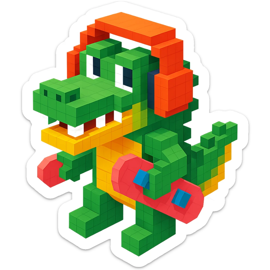 crocodile with headphones holding a skateboard, isometric view, voxel style sticker
