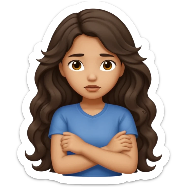 Hispanic tan ish girl with long dark wavy hair crossing her arms and slightly pouting sticker