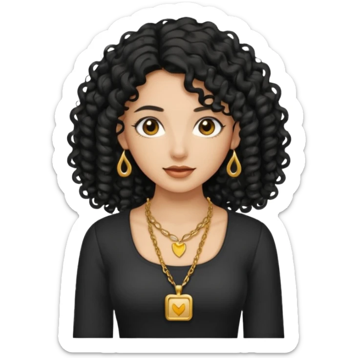 A tan girl with long black  curly hair, a gold necklace, and a square neckline shirt sticker