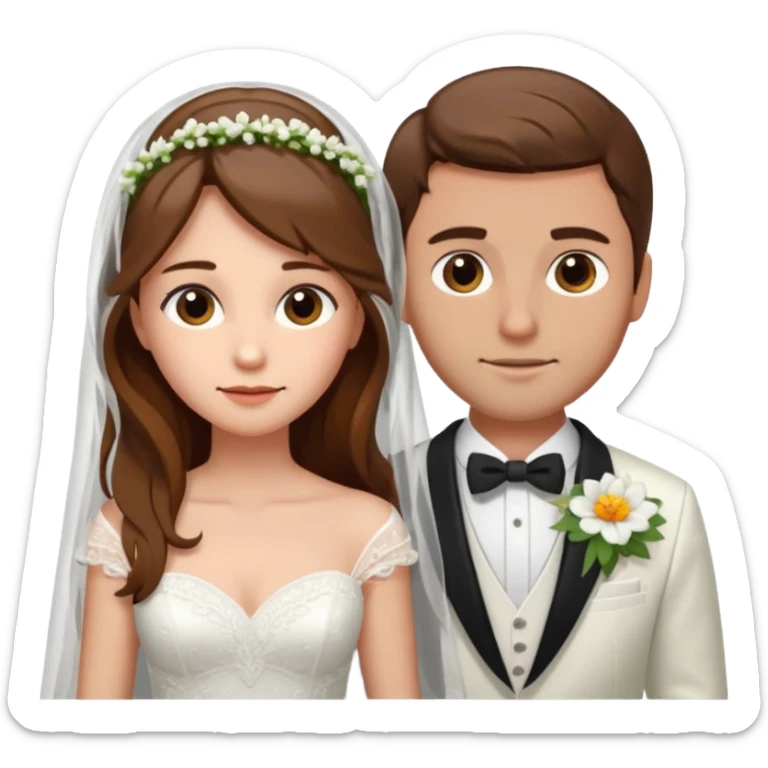 A woman with long brown hair and fair skin wearing a wedding dress and veil. A man with short brown hair and fair skin (clean-shaven) wearing a white suit with a flower.
 sticker