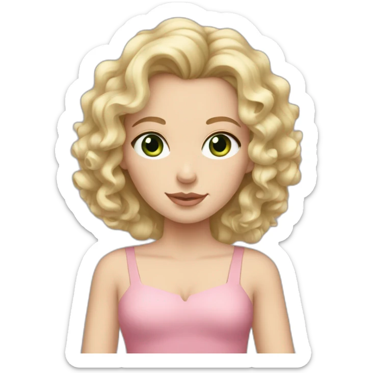 White girl with curly blonde hair grey-green eyes, pink dress sticker