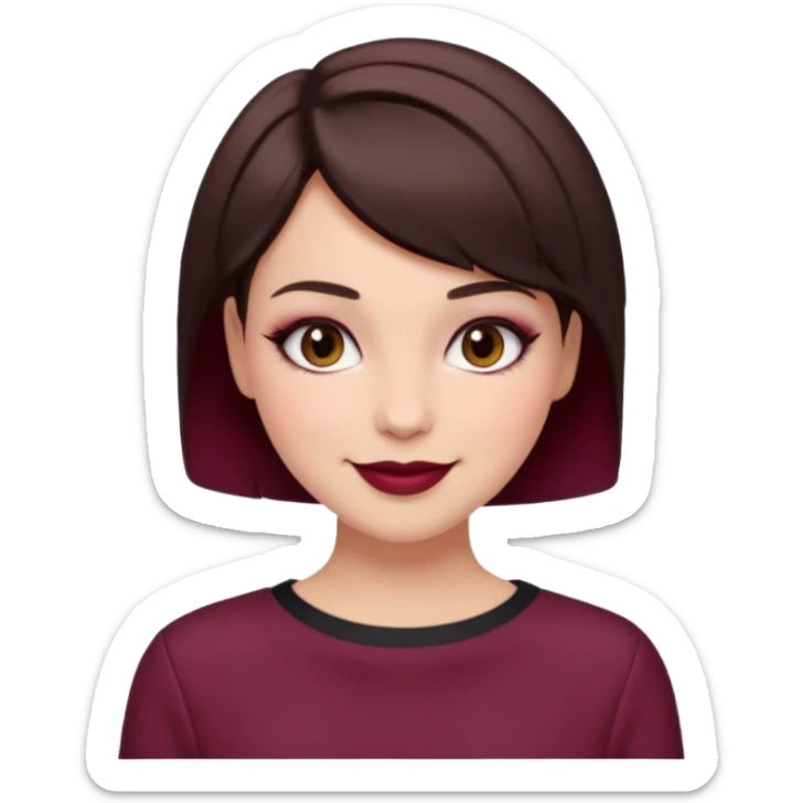 brunette girl, short hair, burgundy clothes, trendy heavy makeup, smiling sticker