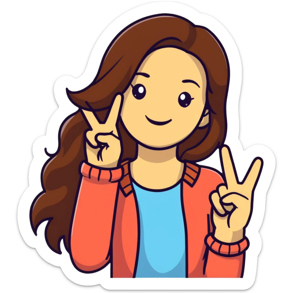 Young woman with long brown hair, smiling, making peace sign, TikTok star sticker