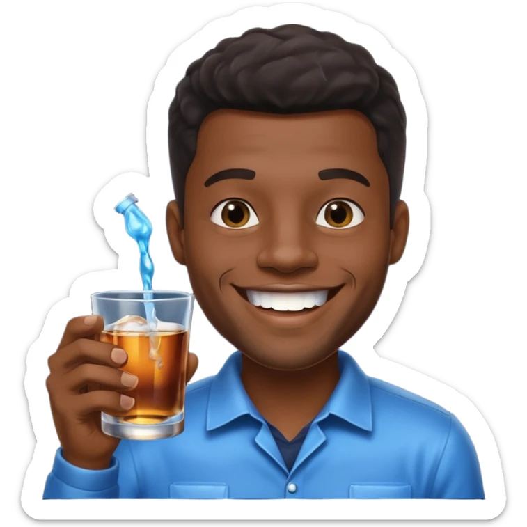 Black man holding dark blue mouthwash and a cup of whiskey, smiling with sparkling teeth, black background sticker