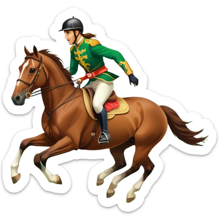 An icon showcasing a majestic horse and rider in full gallop across a lush green field. The background features a clear sky, distant mountains, and a vibrant landscape. The rider wears traditional gear, while the horse leaps with grace and power. Transparent background sticker