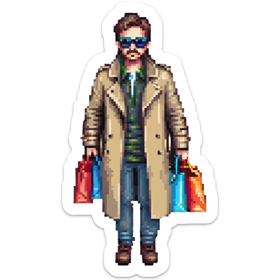 mystery shopper wearing trench coat and sunglasses, holding shopping bag, pixel art style sticker
