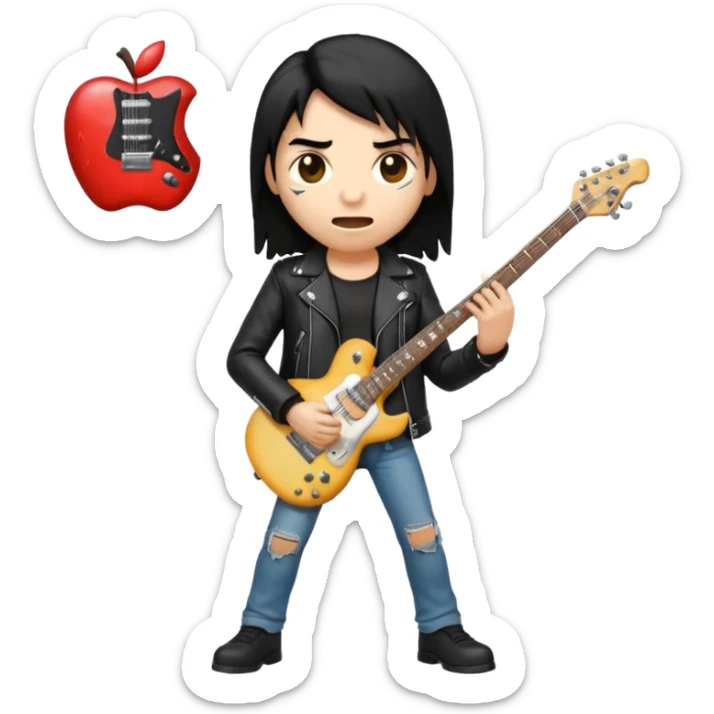 3D Apple-style emoji of a metal musician holding an electric guitar with a bold "ROCK" sign above. Long hair, black leather jacket, ripped jeans, intense expression. Rounded, glossy, smooth, soft shadows, white background.











 sticker