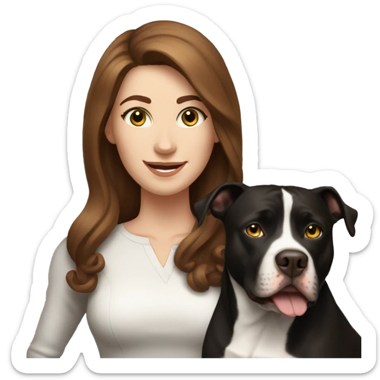 white woman with long brown hair and cat shaped eyes standing alongside a happy black pitbull  sticker