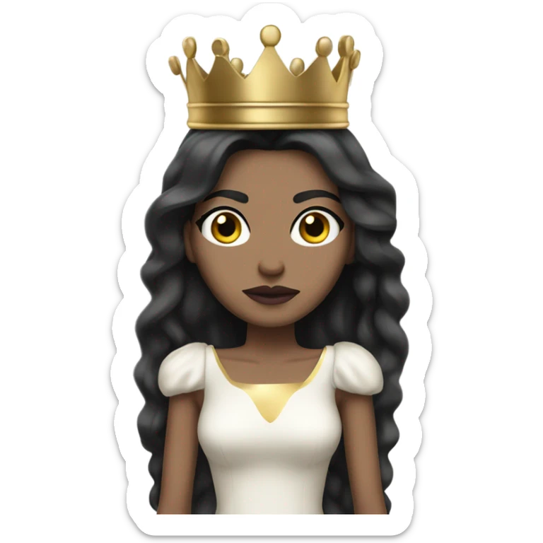 Queen with light to medium skin, long black hair,  mauve lips, skinny gold crown, white dress, and blank stare. sticker