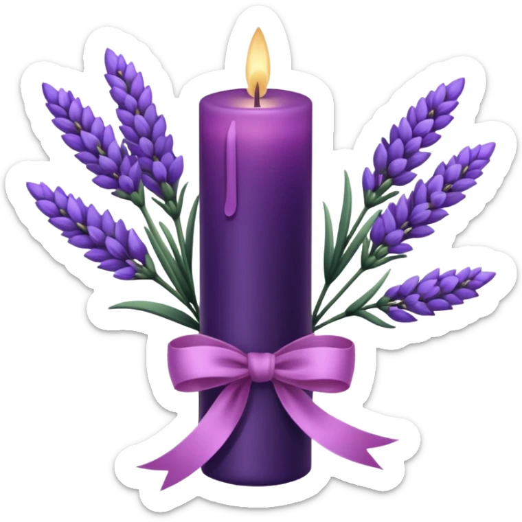 a beautiful aesthetic bouquet of dark purple and light pink lavender tied with a silk purple ribbon and next to it a pink decorative candle  sticker