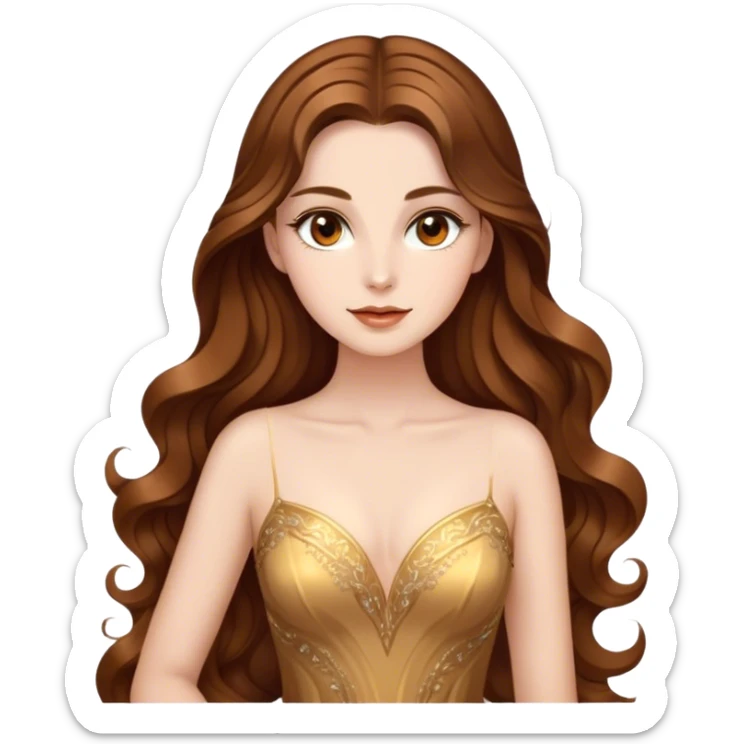 Cinematic Stunning Belle Portrait Emoji, Deep brown eyes full of curiosity, long chestnut hair flowing in soft waves, wearing her golden ballroom gown, glowing with warmth and elegance, a princess whose beauty is as radiant as her mind! sticker