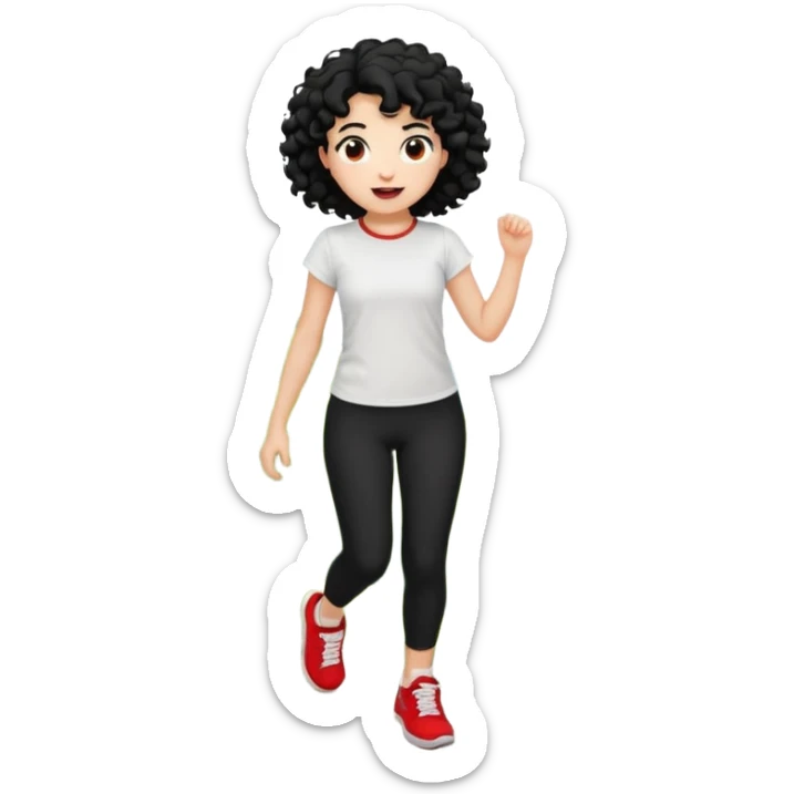 generate a pretty bratz fair skinned girl with curly black hair wearing a white tshirt trekking on a hill with red sneakers on and black leggings sticker