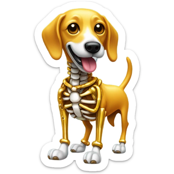 Skellington made out of chrome with the golden smile holding a wiener dog dressed up as a hotdog sticker