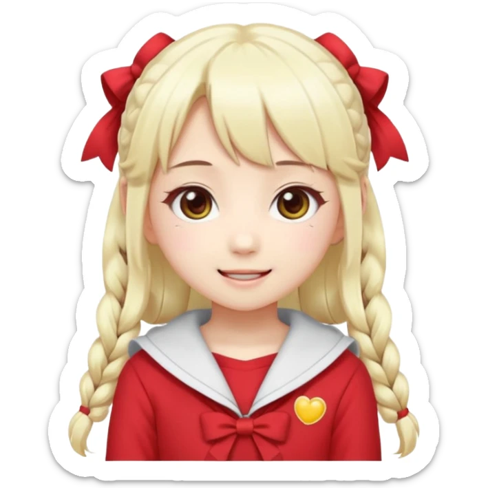 Cute kawaii emoji-style Japanese K-pop girl, long platinum blonde hair in twin tails, red outfit, Japanese K-pop idol vibes, big sparkling eyes, chibi proportions, clean lineart, pastel colors, cheerful idol smile, sticker/emoji style, transparent background sticker