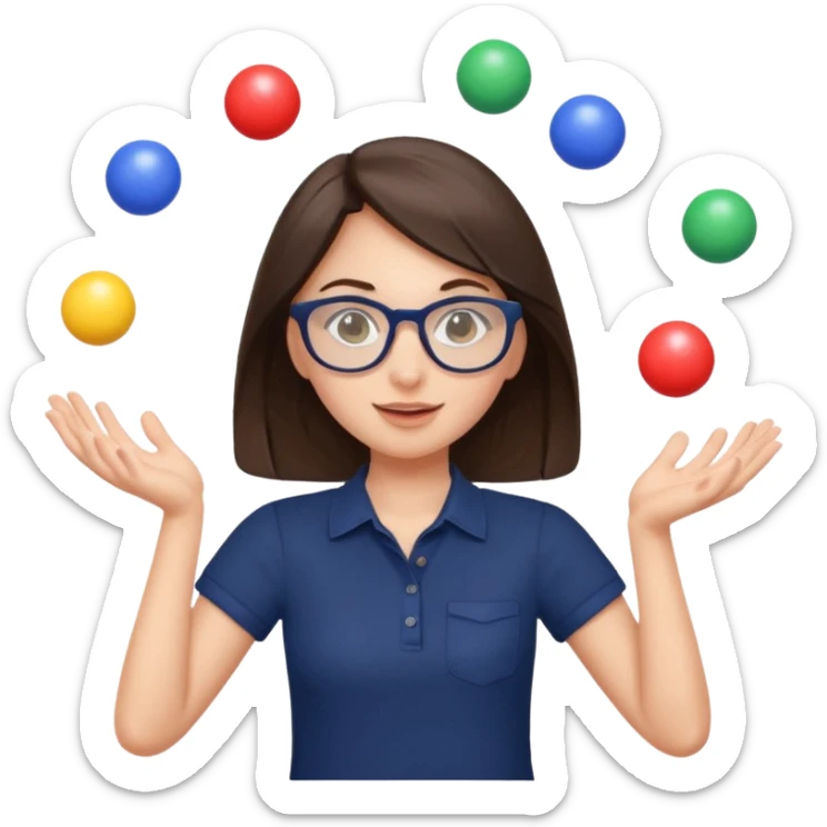 a cute brunette girl in a navy shirt wearing glasses,  juggling multicolored balls with two hands  sticker