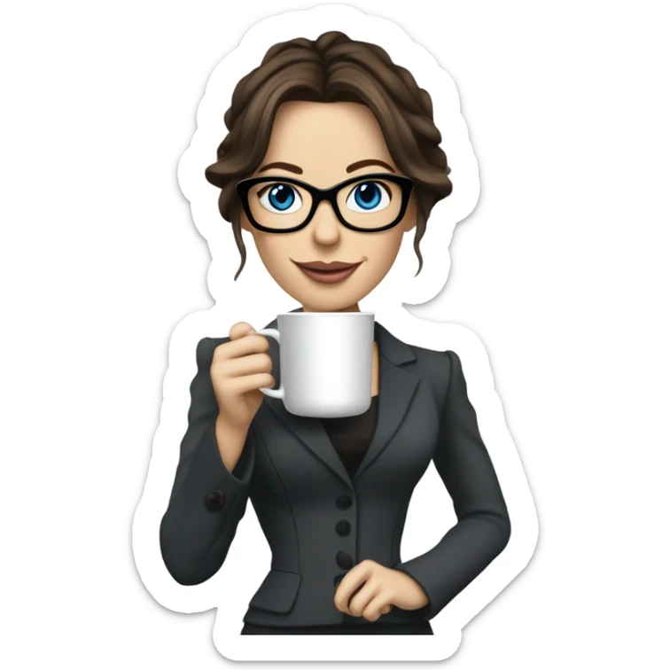 Realistic Kate Beckinsale blue eyes wearing glasses in a business dress drinking a cup of tea  sticker