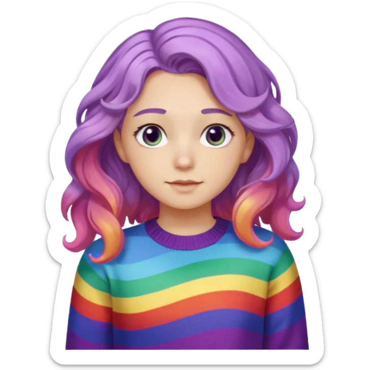 Lila renkli dalgalı saç beyaz tenrengi hafif çekik gözlü uzun kollu gökkuşağı swit sticker