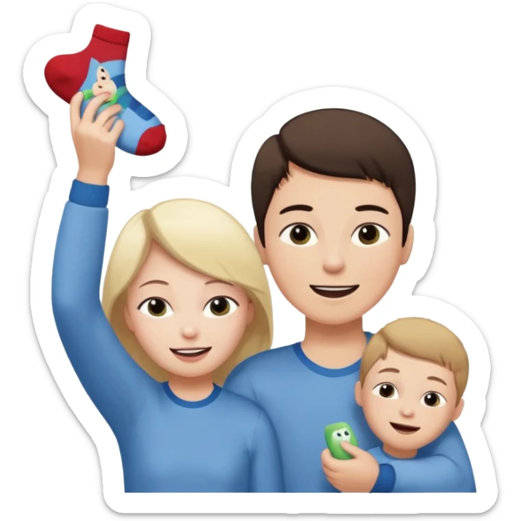 Create an emoji scene where a woman has fainted and a boy is making her smell his socks. sticker