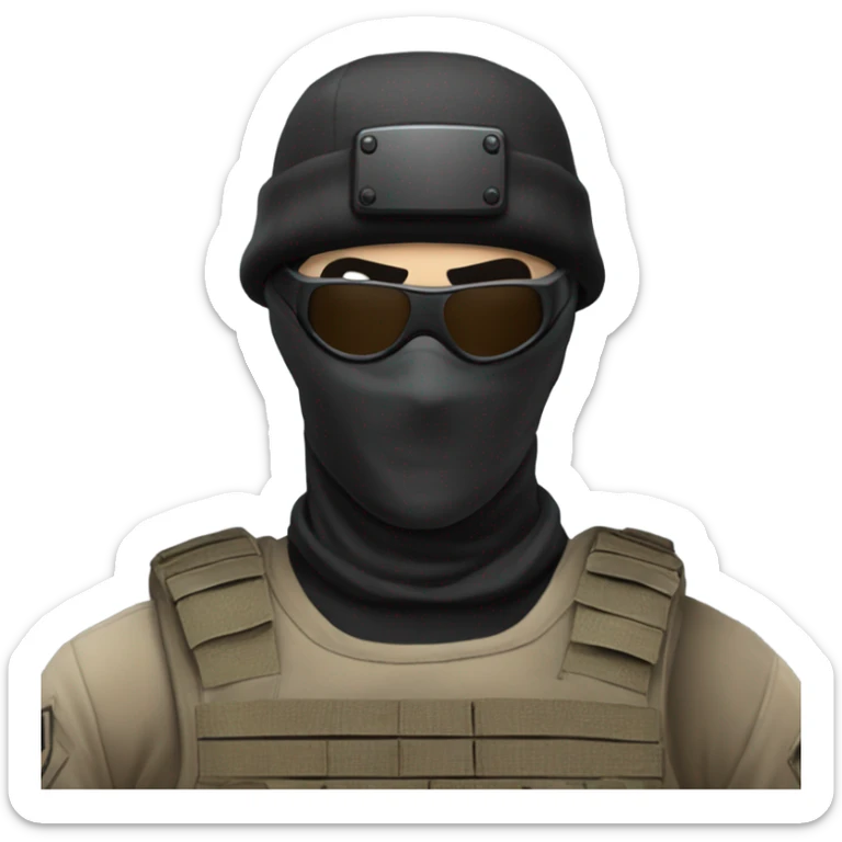 White male, call of duty black mask, camo tactical gear, tan combat boots, black beanie, blue eyes sticker
