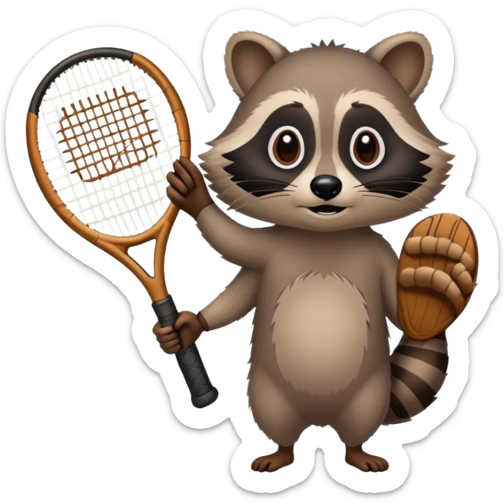 tennis racket held by a raccoon paw and forearm, no raccoon body sticker