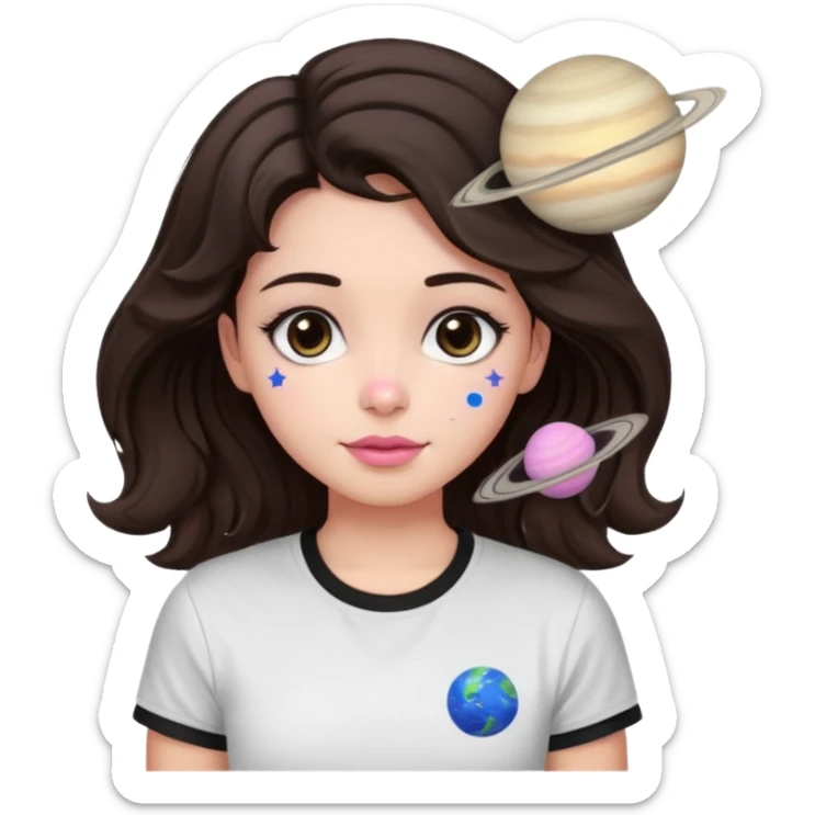 I want to design a girl with wavy hair that is dark brown, close to black And you wear a T-shirt Its color above the neck and sleeves is black The bottom is white, with a star and the planet Saturn on it Her eyes are also dark brown, and her cheeks are pink sticker