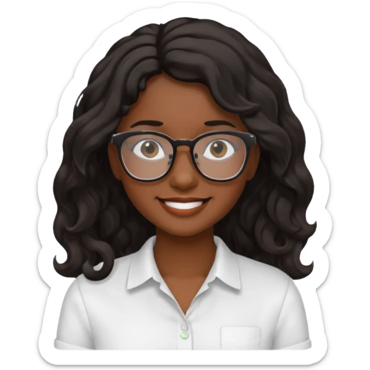 Emoji of a wavy hear dark young woman with glasses and a white shirt smile sticker