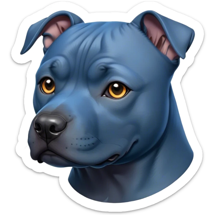 Cinematic Noble Blue Staffordshire Bull Terrier Portrait Emoji, Poised and regal, with a compact, muscular build and a sleek, well-groomed blue Fur, deep-set soulful dark eyes, Simplified yet sharp and sophisticated features, highly detailed, glowing with a soft, dignified glow, high shine, intelligent and loyal, stylized with an air of strength, focused and attentive, soft glowing outline, capturing the essence of a watchful and confident guardian, so majestic it feels as though it could stride out of the screen with effortless authority! sticker