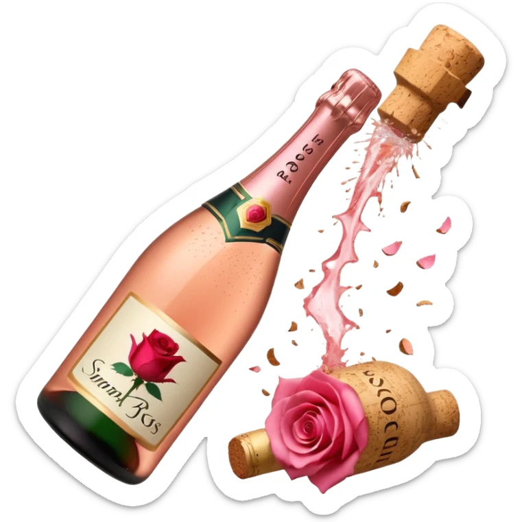 bottle of sparkling rosé champagne with a rose logo on the label, with the cork exploding out from the top, tilted up and to the left, no glass sticker