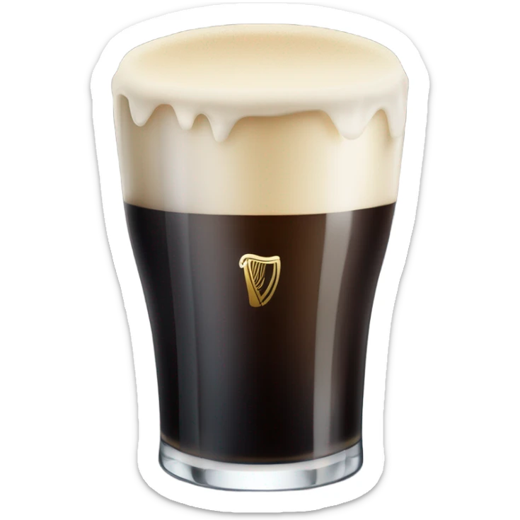 Tall frosty pint of Guinness in a standard Guinness glass with a normal creamy head sticker