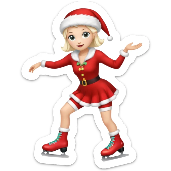Create an emoji-style illustration of a female roller skater wearing roller skates and a Mrs. Claus (Mama Noel) outfit. The style should be cute, expressive, colorful, and clear at small sizes, with simple lines, soft shading, and a festive Christmas vibe. sticker