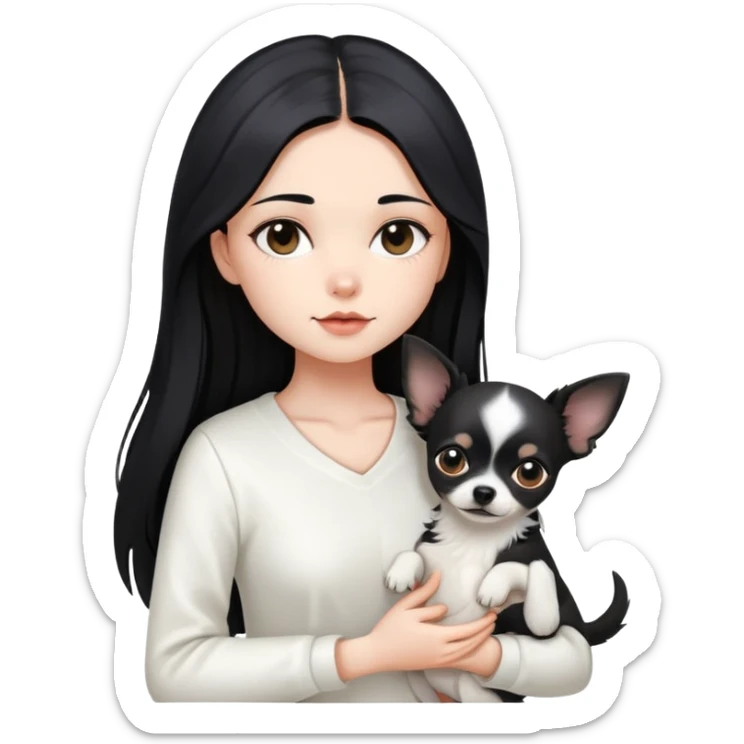 A girl with fair skin, long black hair, white clothes, gently tilting her head, holding a black Chihuahua tightly with both hands sticker