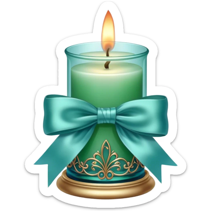 A soft blue candle in an ornate green glass holder, tied with a delicate satin blue bow. sticker