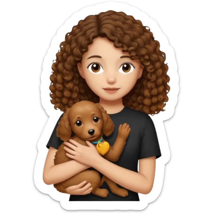 A girl with shoulder-length hair, dressed in a black tee, gently holding a curly-haired brown dog in her arms." sticker
