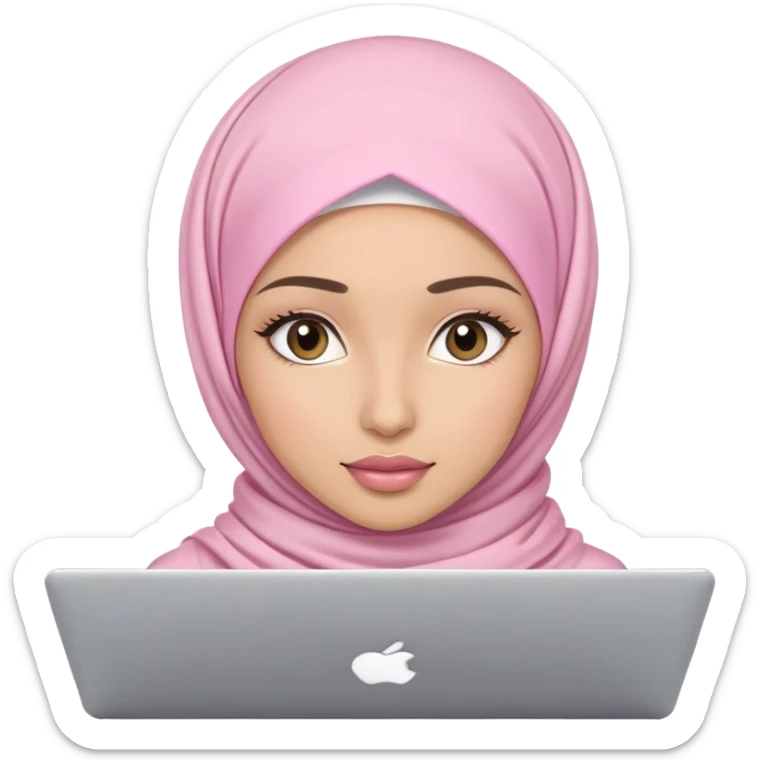 Light skin woman wearing light pink hijab with natural makeup, long eyelashes and lip gloss working behind laptop sticker