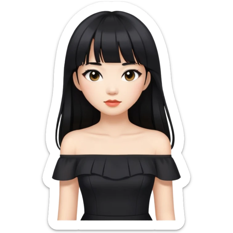 Asian woman with long black hair, straight bangs, black off-shoulder dress, and visible makeup sticker