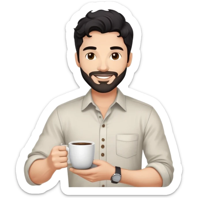 Casual portrait of a 35-year-old man with black wavy hair, stubble, strong jawline, white skin tone, wearing casual button-up shirt with rolled sleeves, holding coffee cup, friendly approachable smile, relaxed confident pose for social media sticker