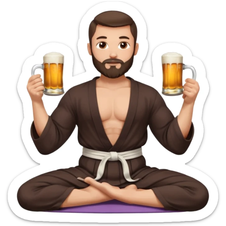 slavic muscled guy with dark brown hair and beard, sitting in yoga pose on a mat, dark colors robe, long and volume dark hair, holding beer mugs in two hands, sitting sticker