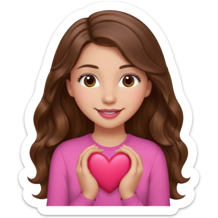 girl with long wavy brown hair, brown eyes, light to medium complexion, in a pink shirt, pink lips, long lashes, smiling, hugging a heart sticker