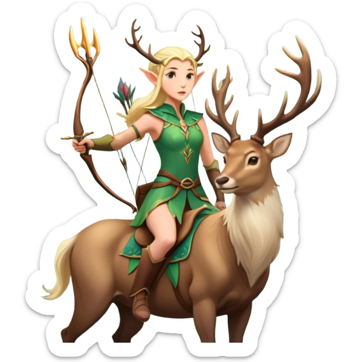 clash-of-clans-aesthetic-blond-elf-archer-portrait-emoji, rendered in a flat, vector-style with minimal shading and bold, simplified shapes, head tilted slightly forward with a determined, focused expression, riding a majestic stag whose luminous antlers glow with mystical energy, set against an ancient, enchanted forest backdrop. sticker