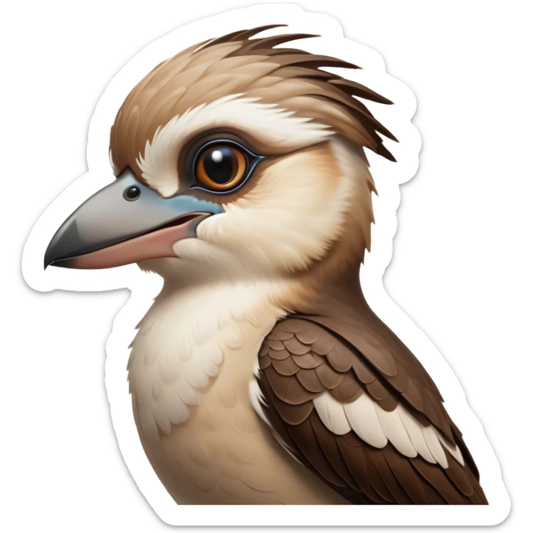Cinematic Noble Kookaburra Portrait Emoji, Poised and regal, with a stout, robust build and a striking plumage of earthy browns and creams, a strong beak and deep-set soulful eyes, Simplified yet sharp and sophisticated features, highly detailed, glowing with a soft, dignified glow, high shine, intelligent and exuberant, stylized with an air of native woodland majesty, focused and attentive, soft glowing outline, capturing the essence of a watchful and confident bird, so majestic it feels as though it could laugh out of the screen with effortless authority! sticker