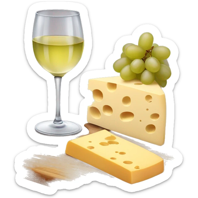 Wooden board with different kind of cheese, grapes and a glass of white wine sticker