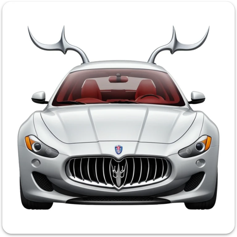 stylized emoji of a Maserati car with exaggerated curves, iconic grille and trident badge, vibrant shading, minimalistic lines, on a light gray background, focusing on elegance and motion sticker