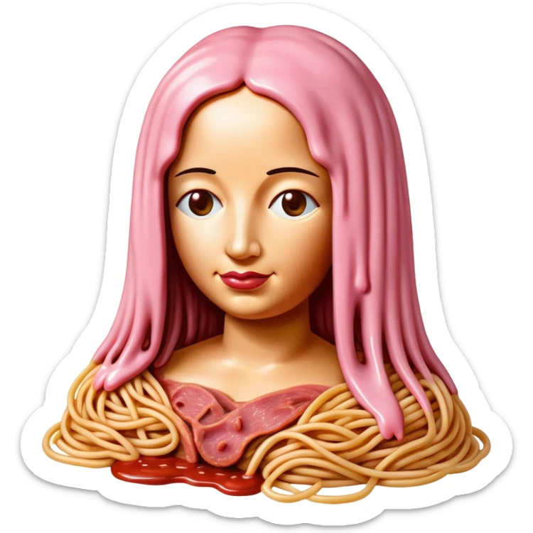monalisa made of SPAM meat melted pink dripping sauce spaghetti portrait sticker