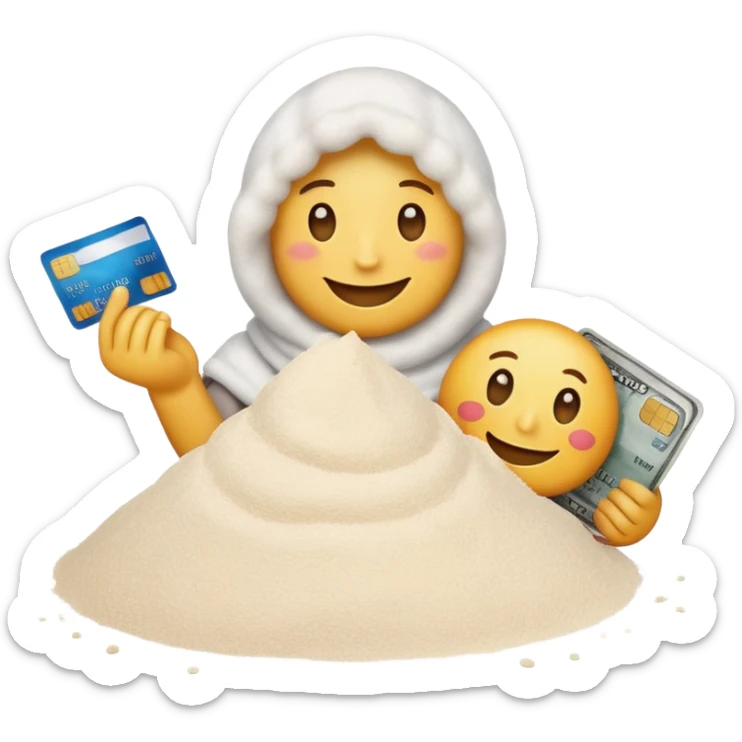 Happy emoji with credit card in hand and a pile of flour sticker