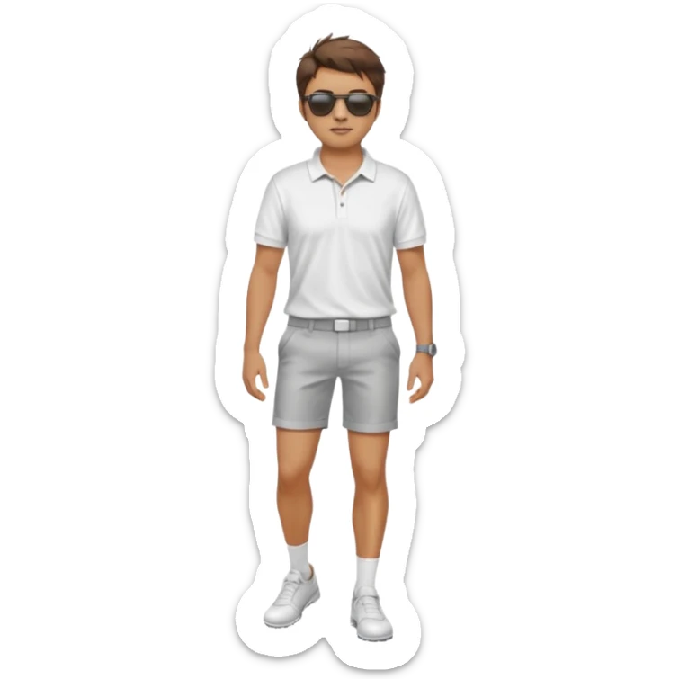 Handsome. Male. Short brown hair. Messy hairstyles. Sunglasses. Sexy pose. Full body. Wearing shorts.white golf shirt. White tekkies. Pool background  sticker