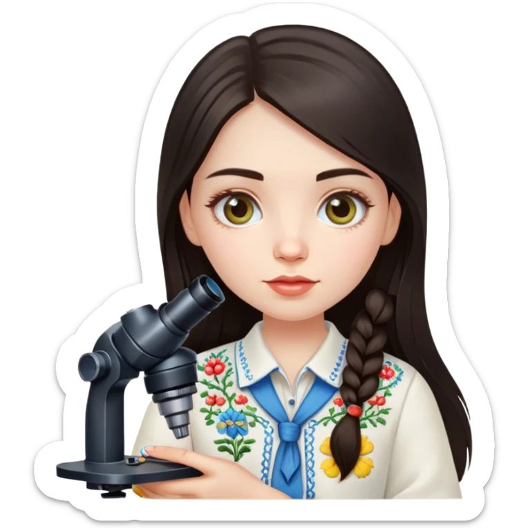 Ukrainian girl with dark hair in traditional embroidered shirt holding a microscope sticker