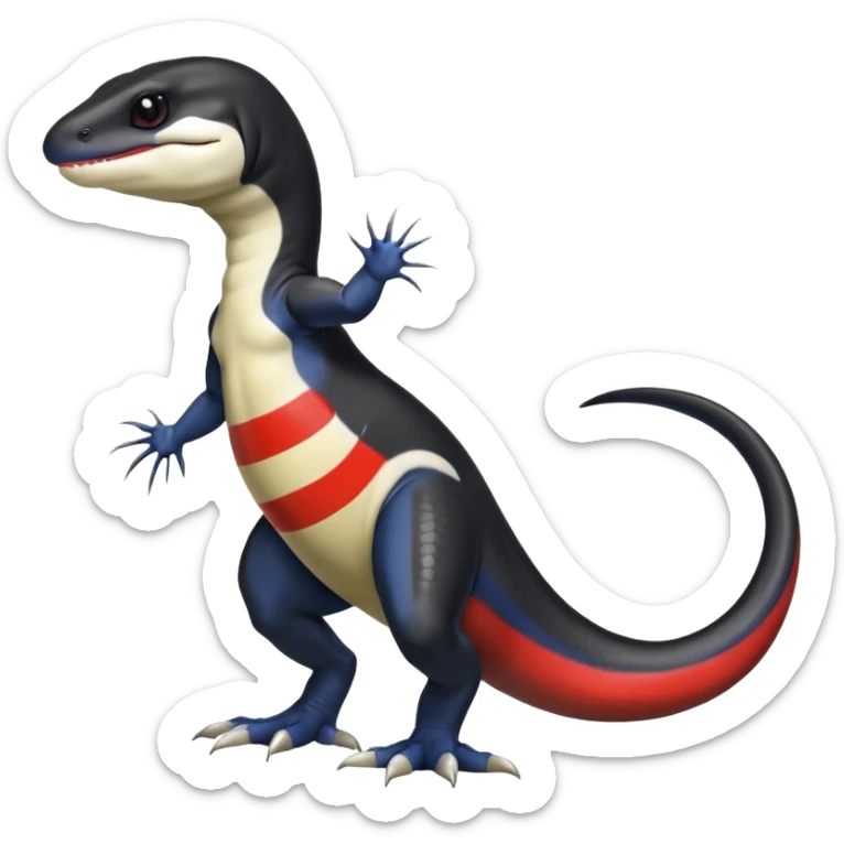 Black and white Orca-reptile-reptilian-lizard-skink-gecko-Digimon-Fakémon-hybrid full body, two legs, two arms, claws, tail, with red stripe sticker