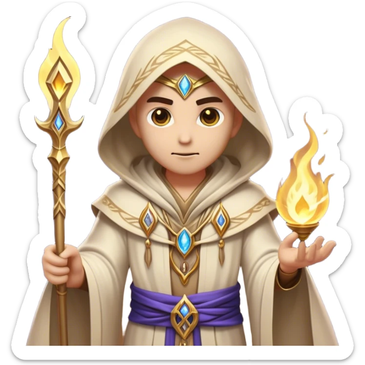 Clash of Clans aesthetic friendly Mage Portrait Emoji, With an enigmatic, slender build draped in flowing mystical robes adorned with arcane symbols, piercing eyes and a determined aura, his face rendered in a natural skin tone (not yellow), Simplified yet sharply defined features, highly detailed, glowing with a cool, otherworldly radiance, high shine, wise and resolute, stylized with an air of ancient sorcery, focused and mystical, soft glowing outline, capturing the essence of a powerful mage ready to unleash enchanted spells on epic adventures! sticker